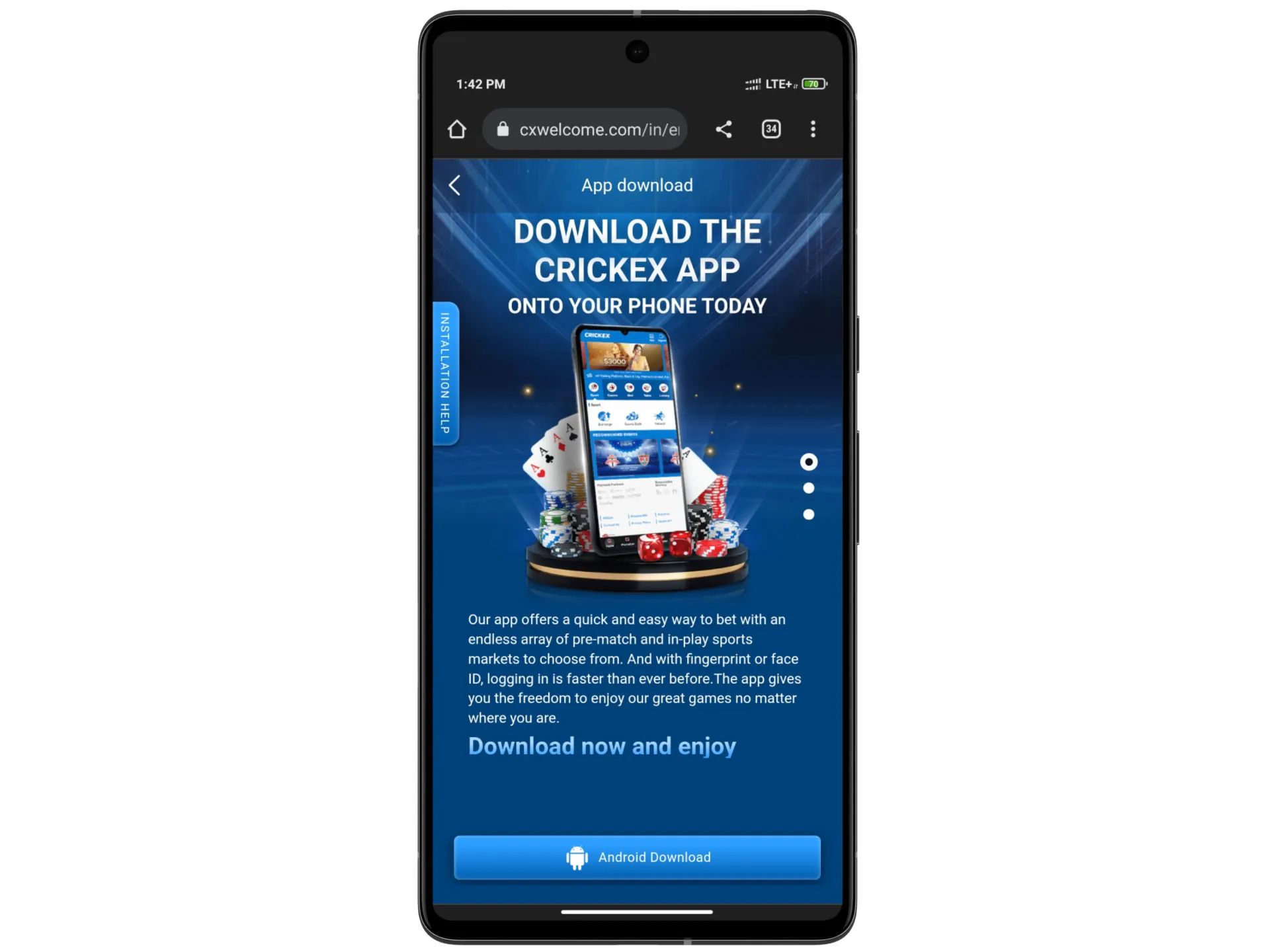 To download the Crickex application, you need to go to the desired section.