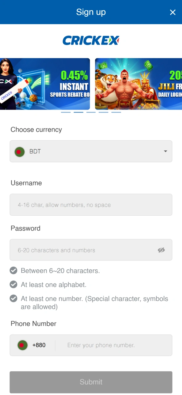 Create account in few taps at Crickex app.